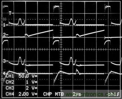 圖1電路所示的開(kāi)關(guān)波形。（通道1是T1（即引腳12）的初級(jí)開(kāi)關(guān)電壓；2號(hào)通道是進(jìn)入Q1漏極的初級(jí)開(kāi)關(guān)電路（10A/格）；通道3是T1（即引腳2）的次級(jí)開(kāi)關(guān)電壓（200V/格）；4號(hào)通道是R3兩端的電壓）