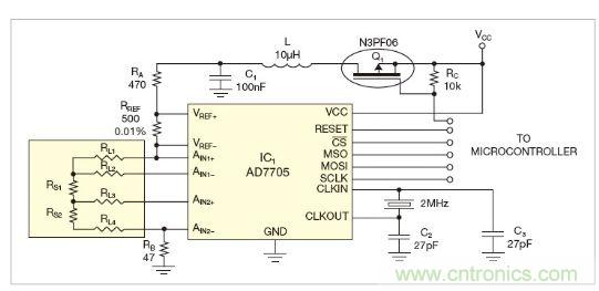 圖1：測量電路測三個(gè)點(diǎn)的值，微控制器就可以計(jì)算出傳感器值