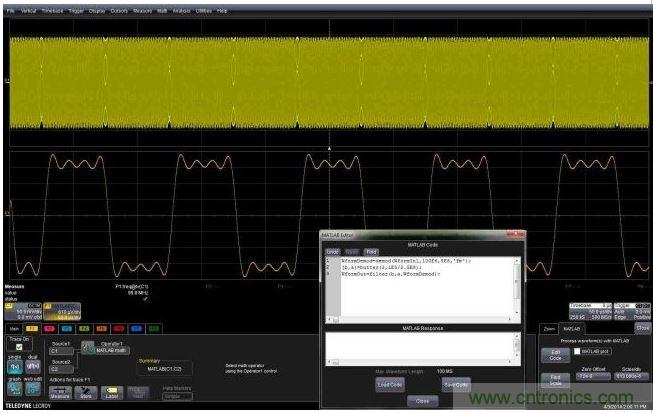 這個(gè)嵌入式MATLAB腳本用于解調(diào)調(diào)頻載波，并顯示調(diào)制波形。編輯框允許用戶不離開示波器環(huán)境就能完成腳本的創(chuàng)建或編輯。