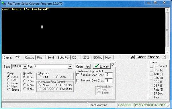  圖6：隔離型USB-to-UART轉換器的環回測試。